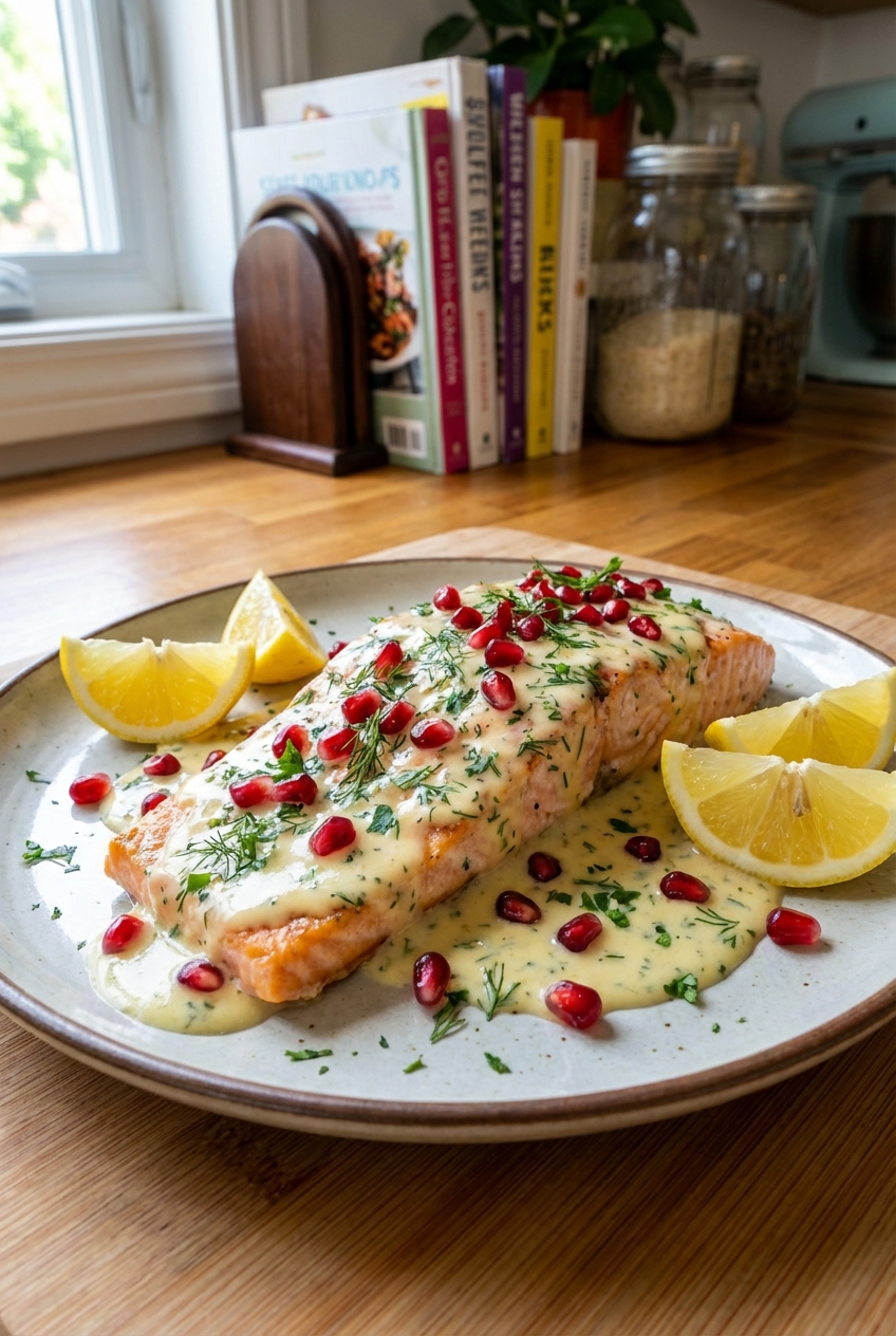 Plated salmon topped with lemon cream sauce, pomegranate arils, and chopped herbs with lemon wedges