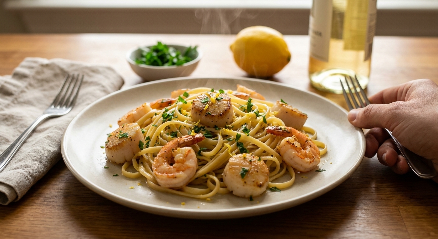 Plated seafood pasta topped with chopped parsley and lemon zest on a simple dinner table setting