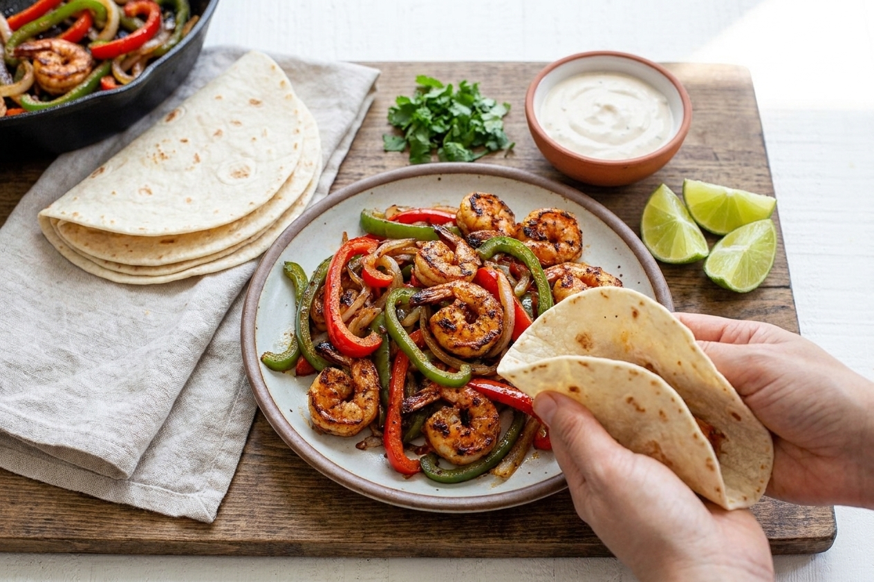 Plated shrimp fajitas with warm tortillas, a small bowl of creamy sauce, lime wedges, and cilantro on a wooden table setting