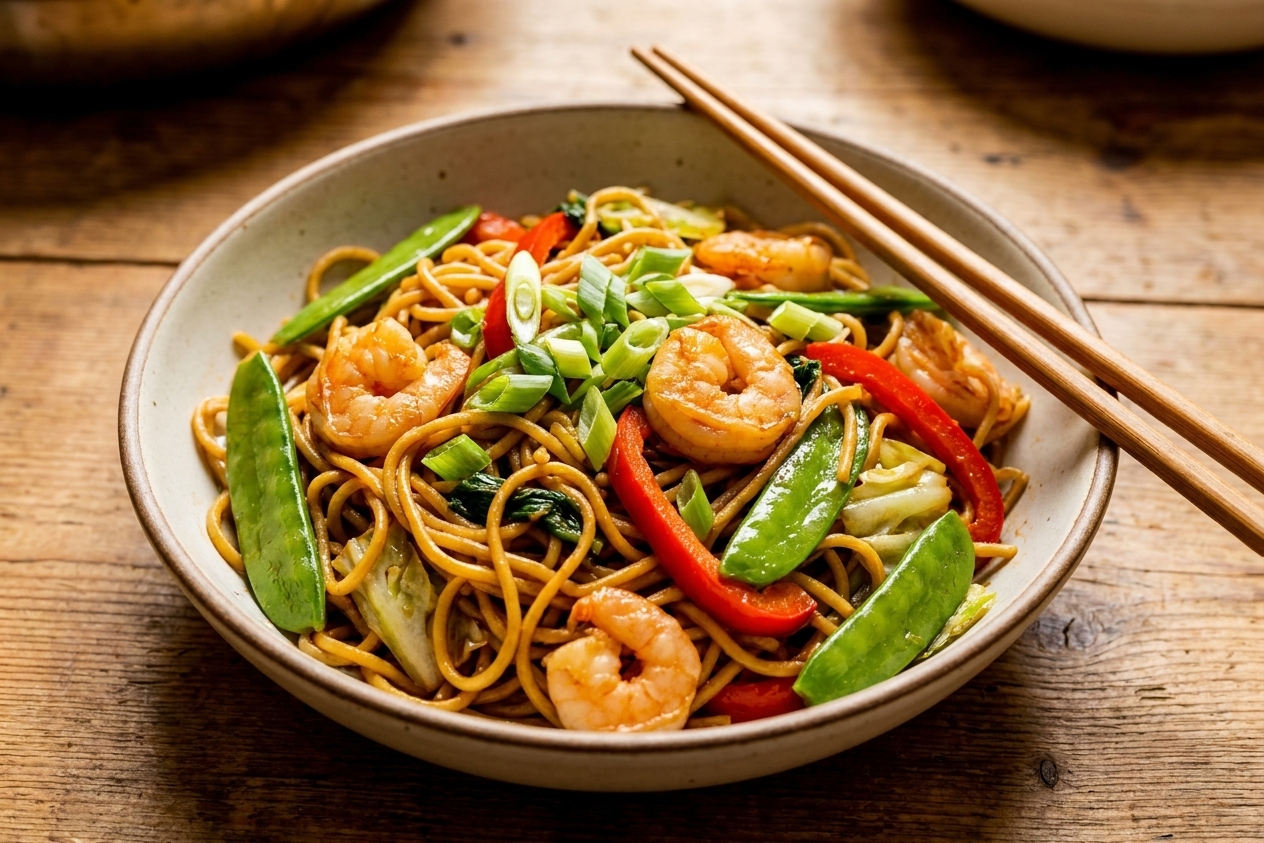 Plated shrimp lo mein in a shallow bowl with scallions on top, set on a wooden table with chopsticks