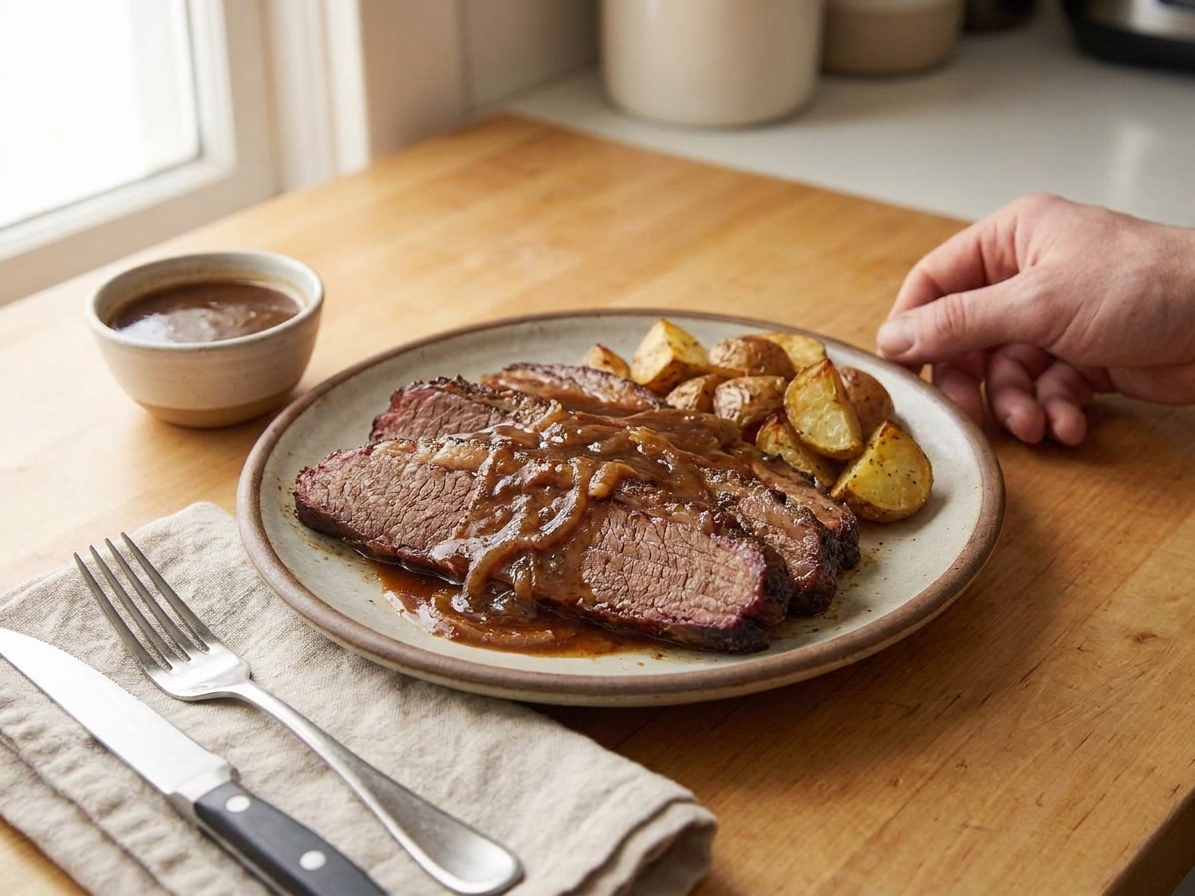 Plated sliced brisket with onion gravy and a simple family-style table setting in warm kitchen light