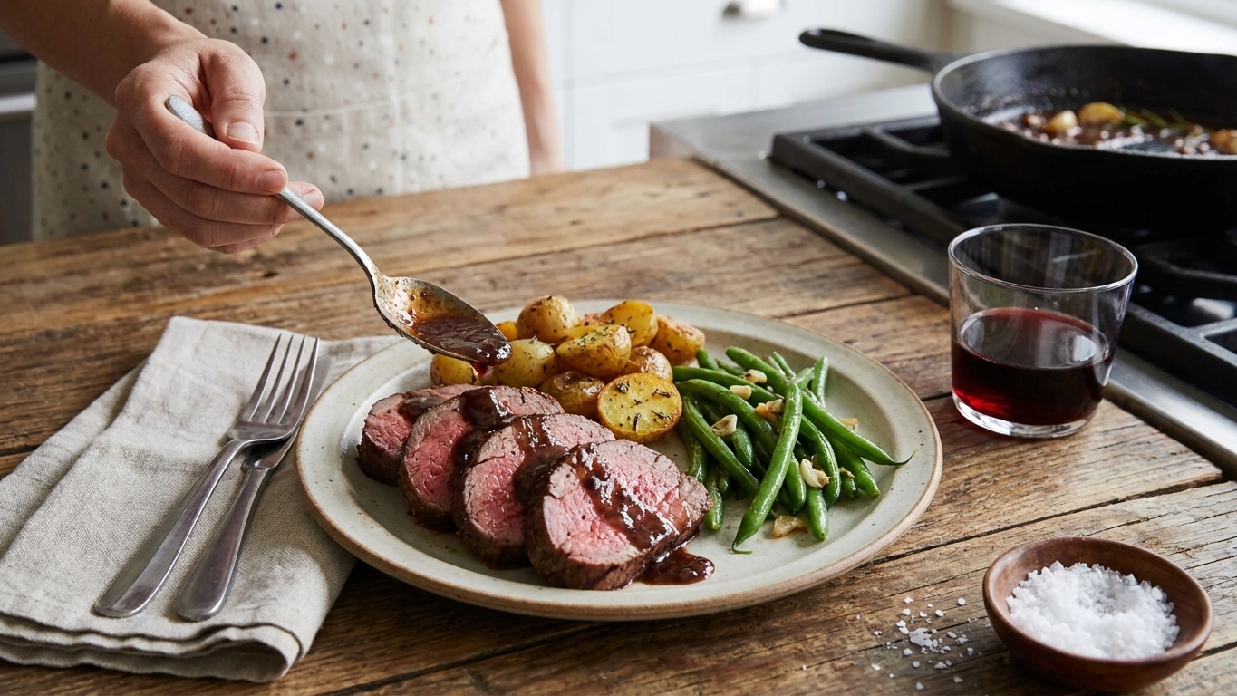 Plated slices of beef tenderloin with a spoonful of pan sauce, roasted potatoes, and green beans on a simple dinner table setting