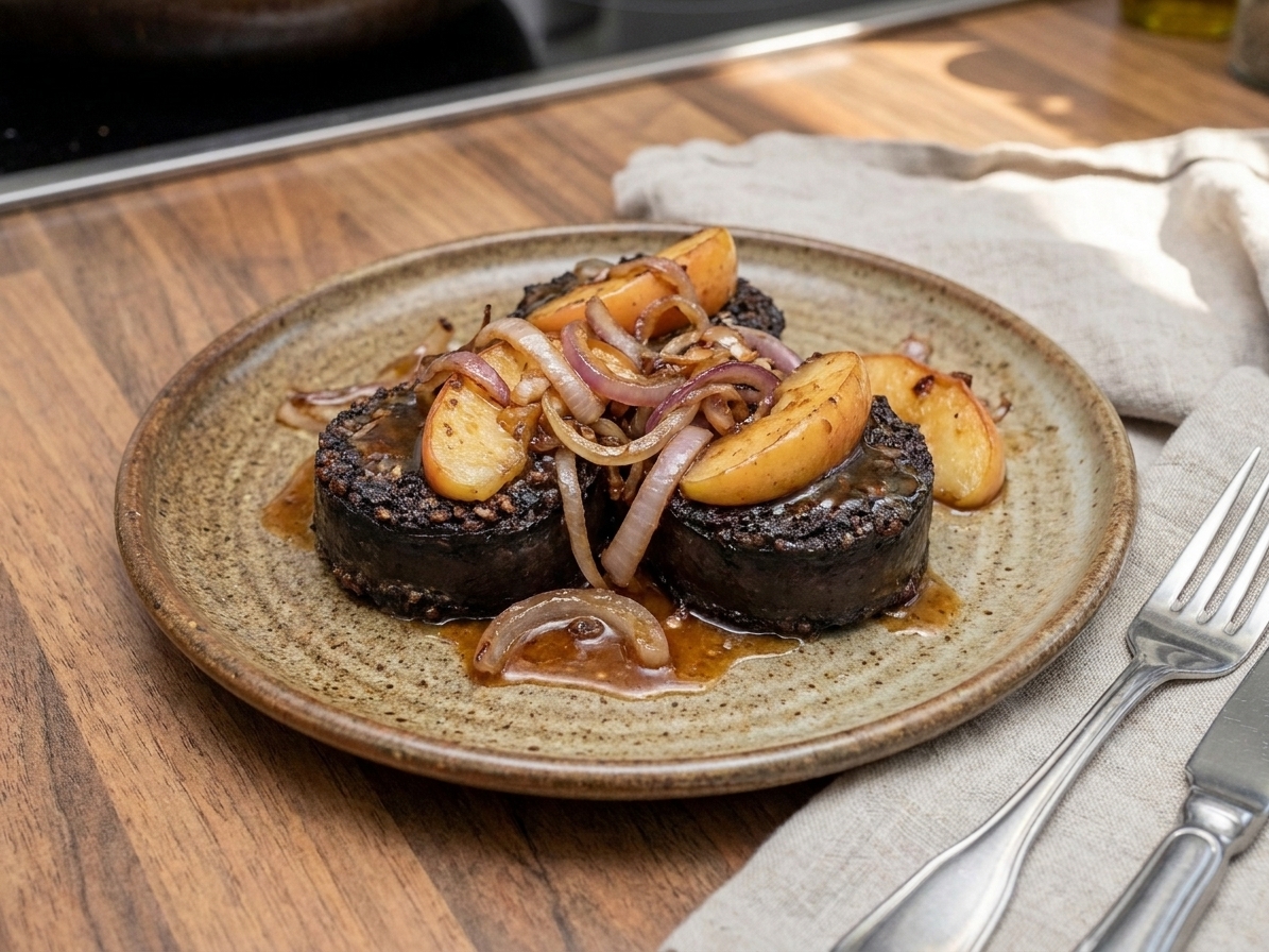 Plated slices of blood pudding topped with glossy apple and onion pan sauce on a stoneware plate, simple table setting