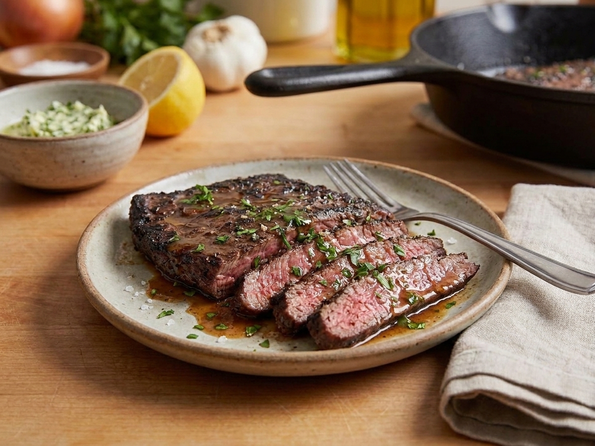 Plated slices of flat iron steak with glossy pan sauce, sprinkled parsley, and a simple dinner table setting with a fork and napkin