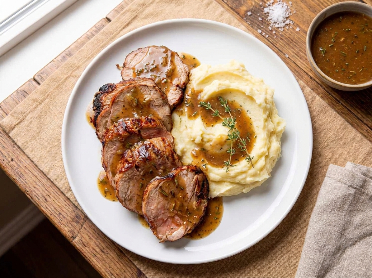 Plated slices of pork fillet topped with herb gravy beside mashed potatoes on a white dinner plate at a simple table setting