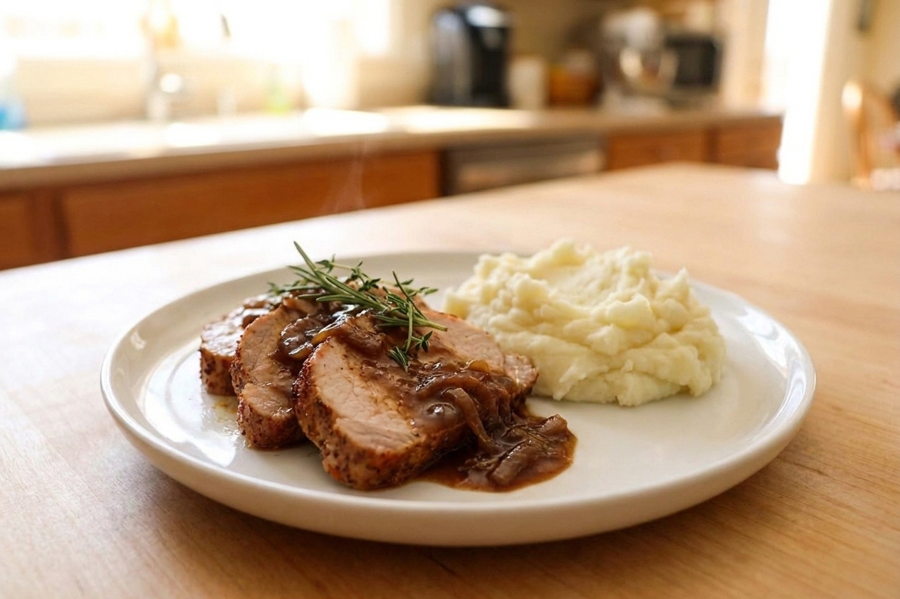 Plated slices of pork loin topped with onion gravy next to mashed potatoes on a simple dinner plate at a kitchen table
