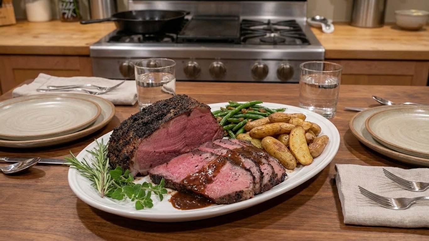 Plated slices of shell steak roast with pan sauce drizzled over the top, served with simple sides on a dinner table setting