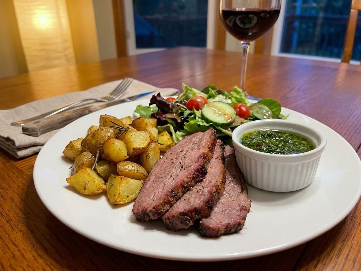 Plated slices of tri tip steak with a small ramekin of green sauce, roasted potatoes, and a simple salad on a dinner table with warm evening lighting