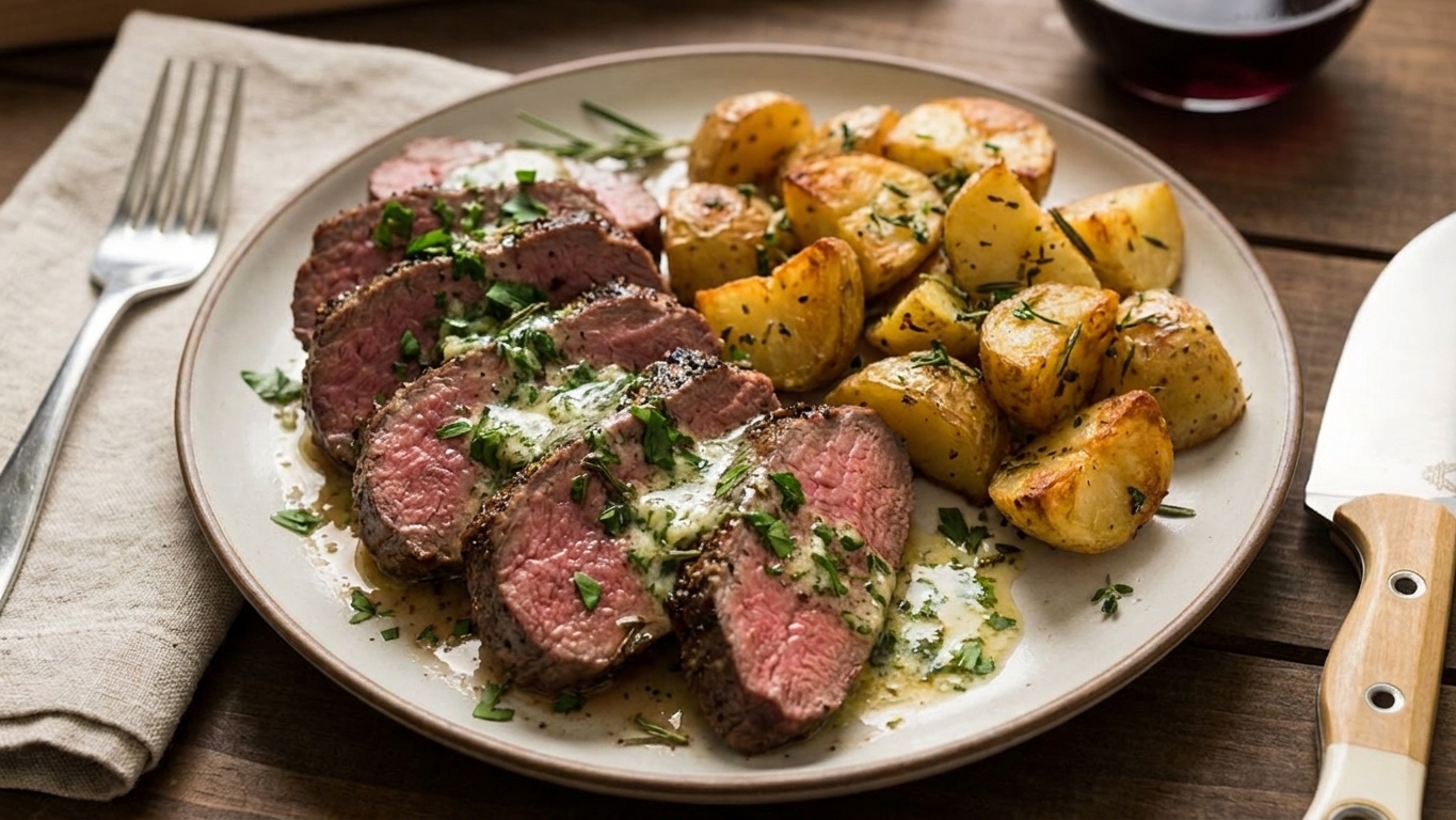 Plated slices of venison backstrap with melted garlic herb butter and chopped herbs, served with roasted potatoes on a simple dinner table setting
