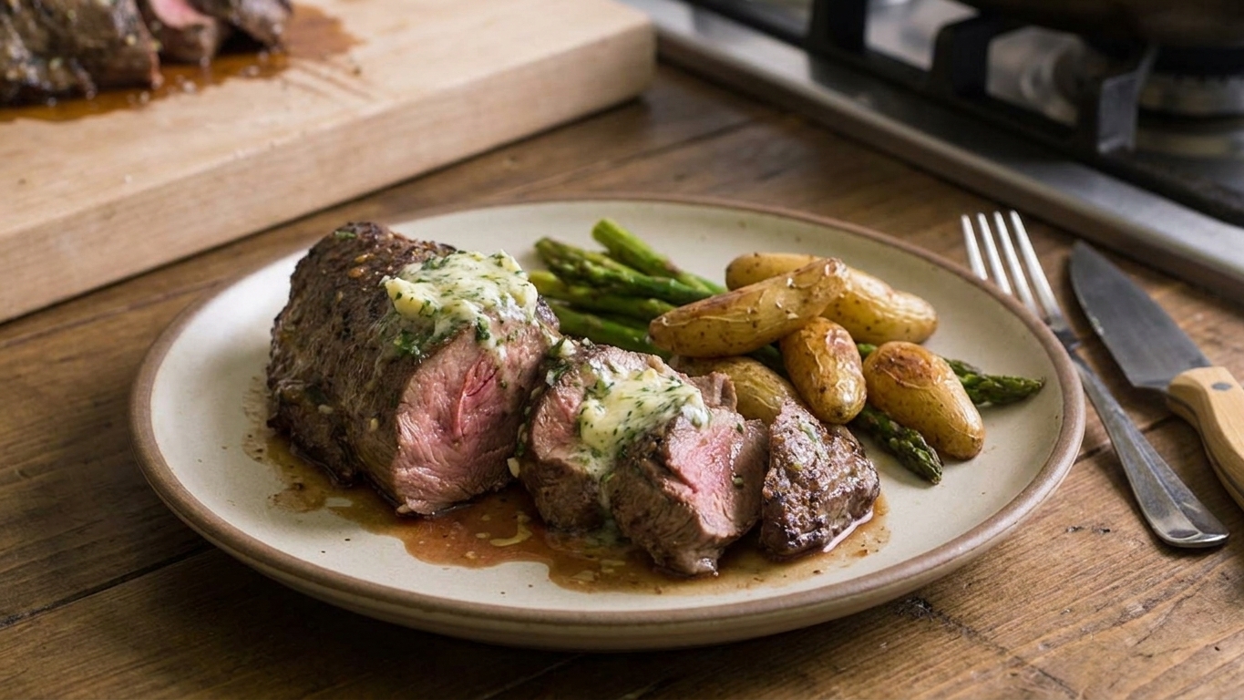 Plated slices of venison tenderloin with melted herb butter pooling slightly and a simple side on a dinner table