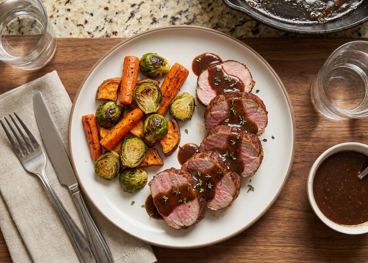 Plated smoked pork tenderloin medallions with apple cider sauce alongside roasted vegetables on a dinner table with simple place settings