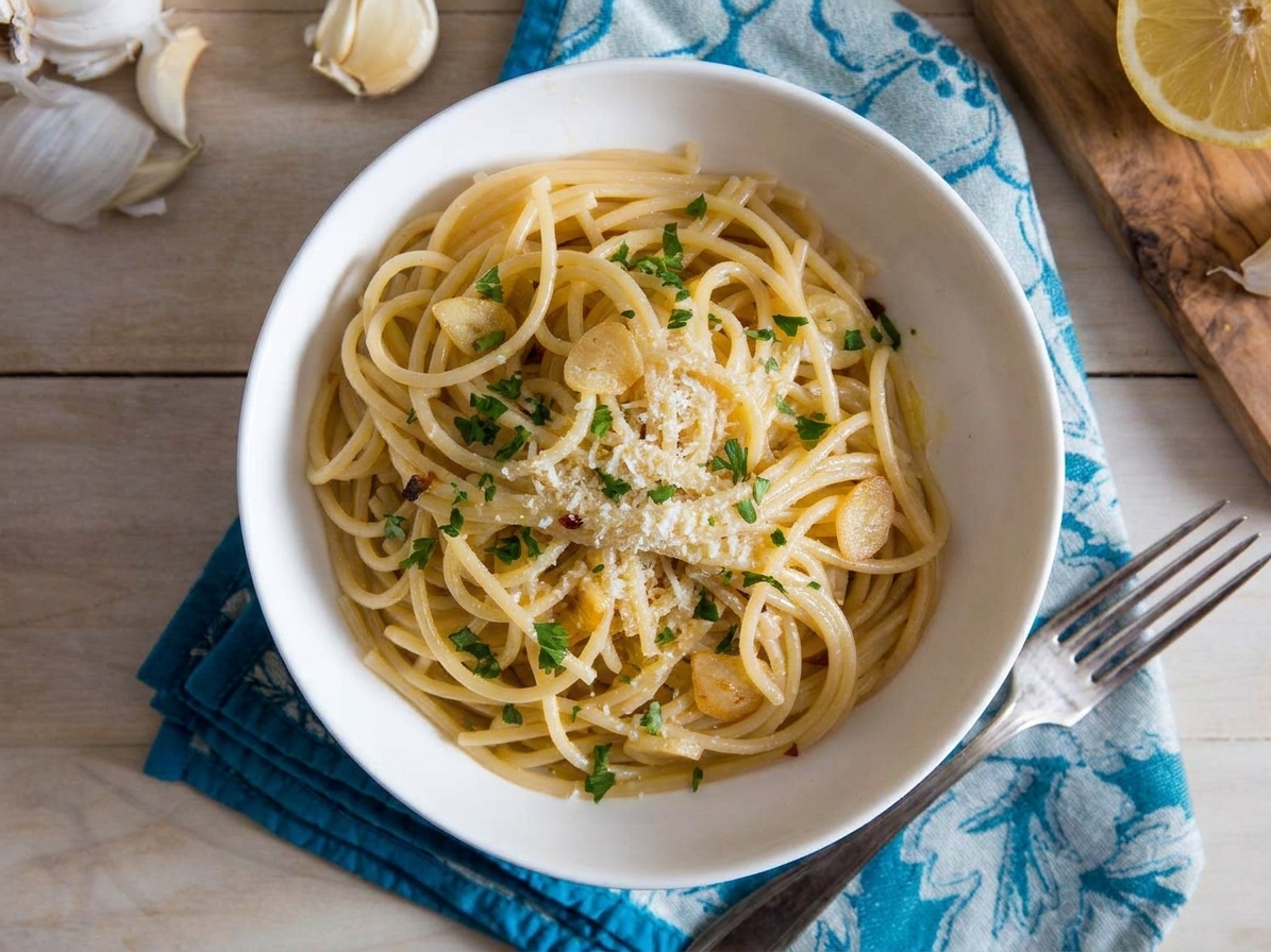 Plated spaghetti coated in creamy garlic olive oil sauce with parsley and grated Parmesan on top, set on a simple dinner table