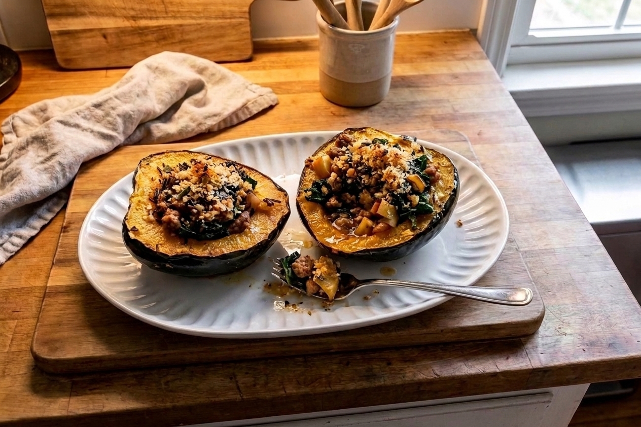 Plated stuffed acorn squash halves on a ceramic plate with toasted breadcrumb topping, ready to serve