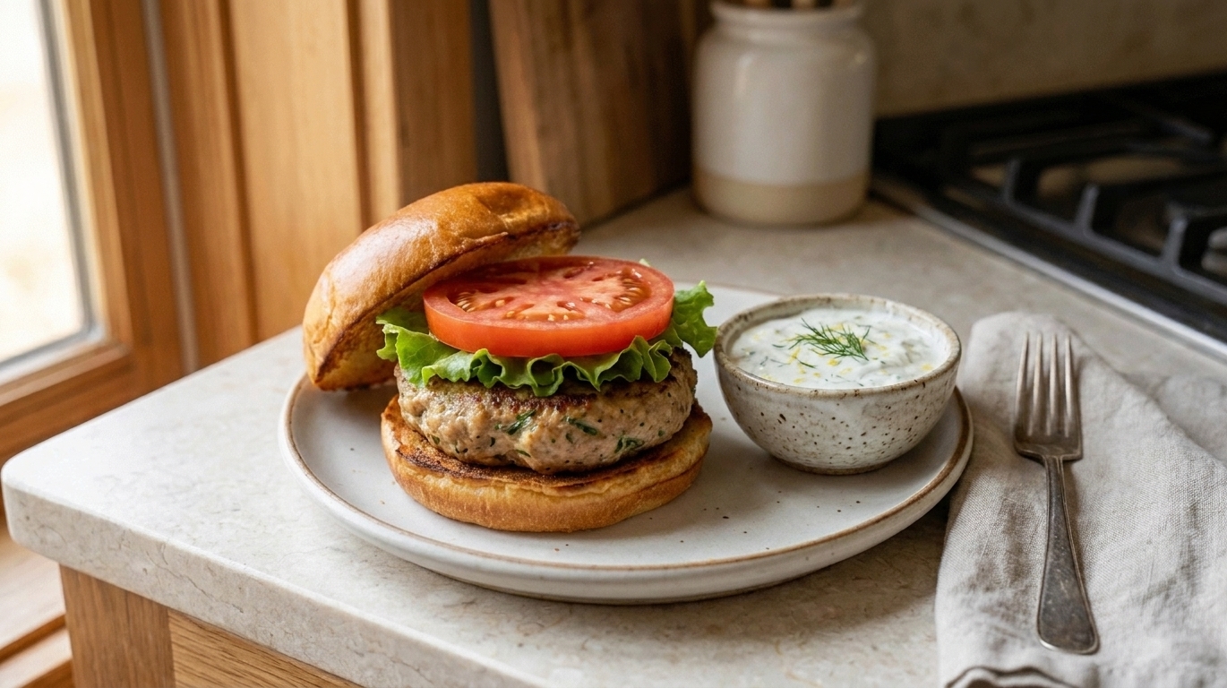 Plated turkey burger on a toasted bun with lettuce and tomato, with a small ramekin of lemon dill yogurt sauce on the side