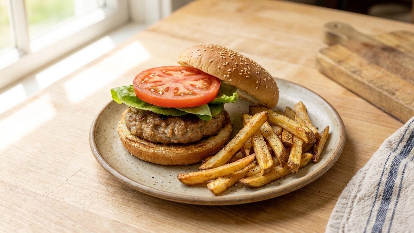 Plated turkey burger on a toasted bun with lettuce and tomato, served with oven fries on a simple dinner plate at a kitchen table