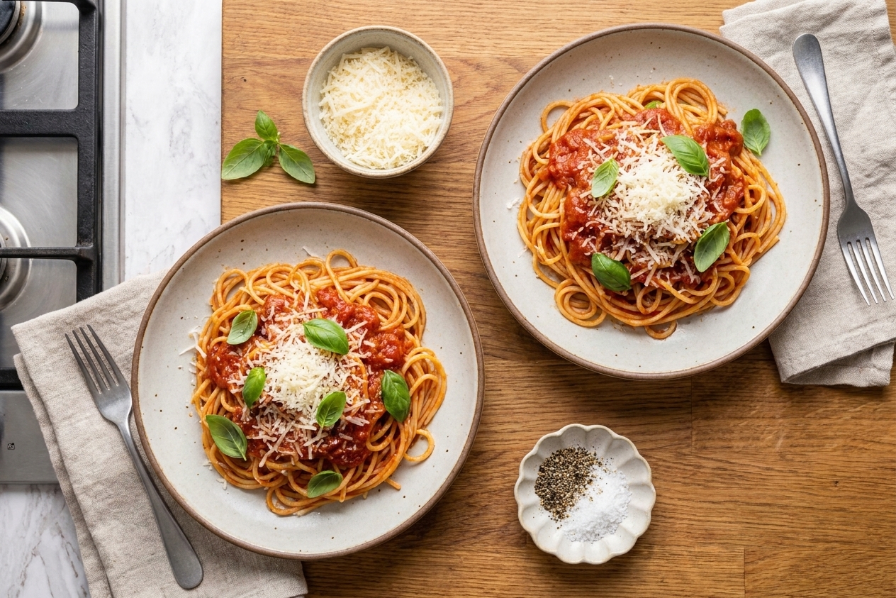 Plates of sauced pasta on a simple dinner table with Parmesan, basil, and a small bowl of extra grated cheese