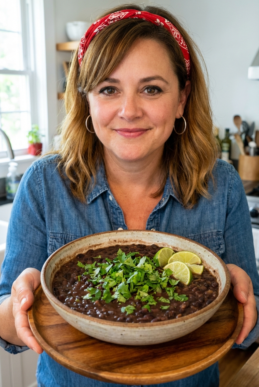 Platter of black beans with cilantro and lime wedges