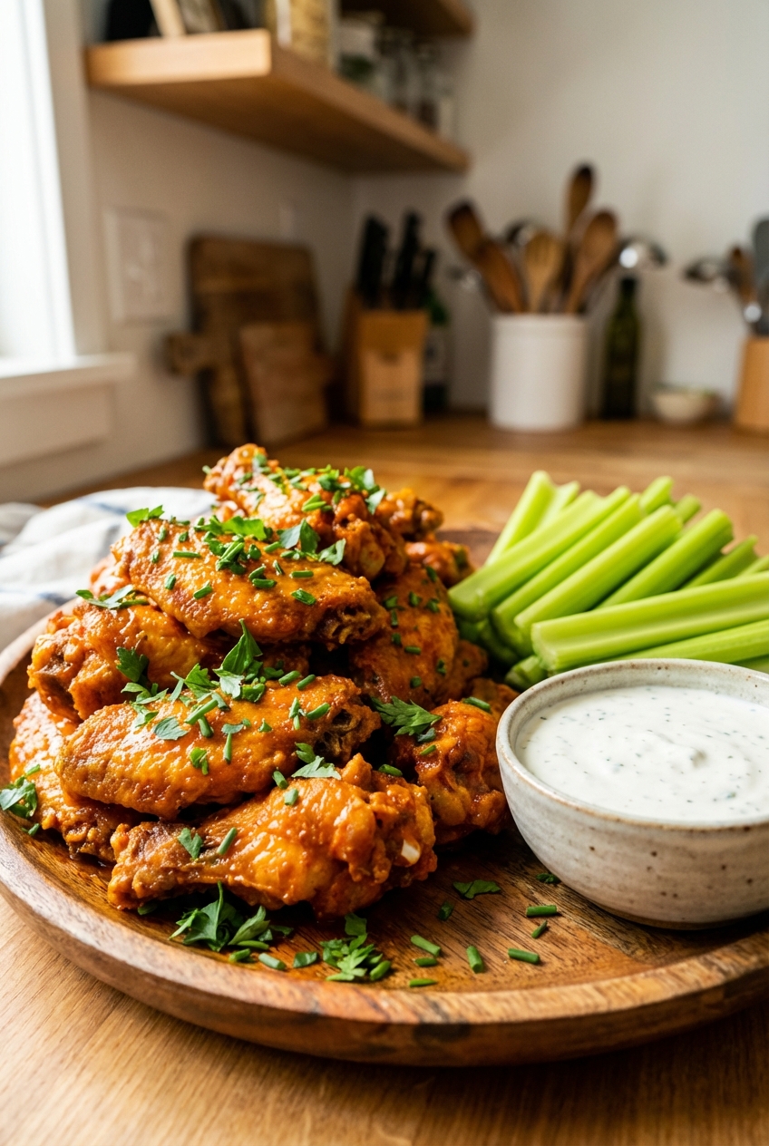 Platter of crispy buffalo wings garnished with chopped parsley and chives with celery sticks and a bowl of yogurt ranch dip