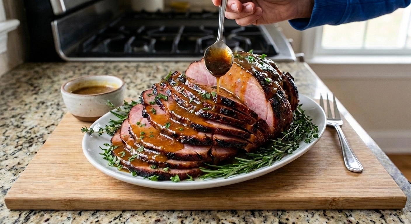 Platter of sliced smoked ham with honey mustard glaze and a small bowl of extra glaze on a dinner table