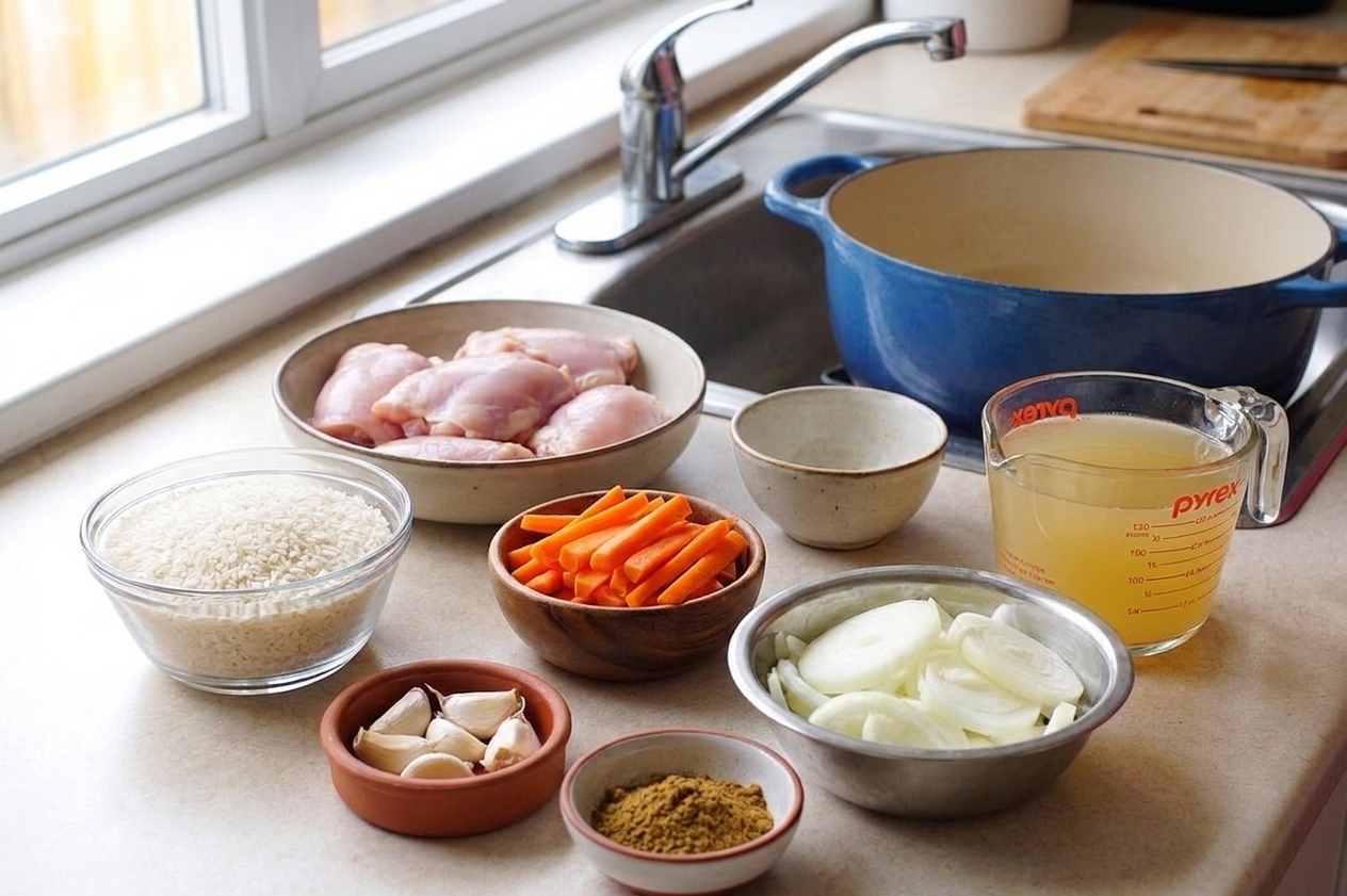 Plov ingredients measured on a kitchen counter including rice, chicken thighs, carrots, onions, garlic, cumin, and broth in small bowls under soft window light
