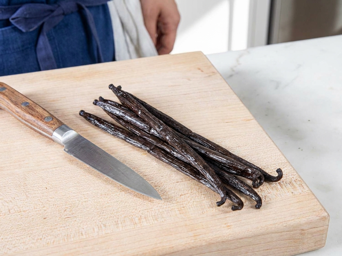 Plump whole vanilla beans on a wooden cutting board with a small paring knife