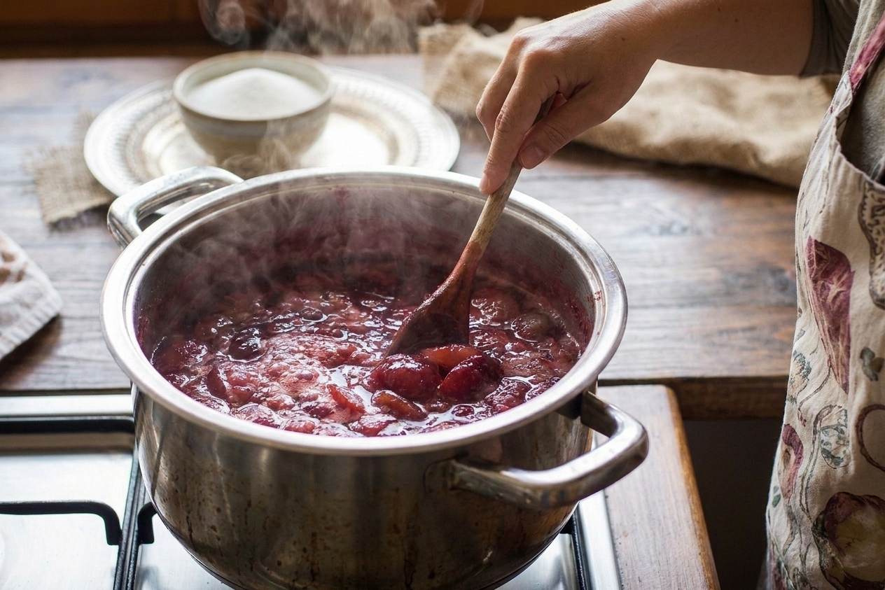 Plums and sugar simmering in a large pot on a stovetop, deep red juices bubbling