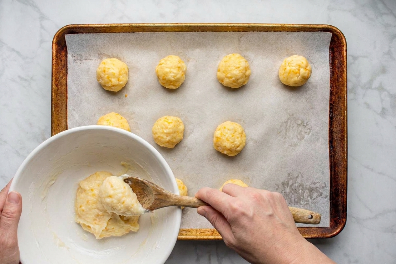 Pão de queijo dough being portioned into small mounds on a parchment-lined baking sheet