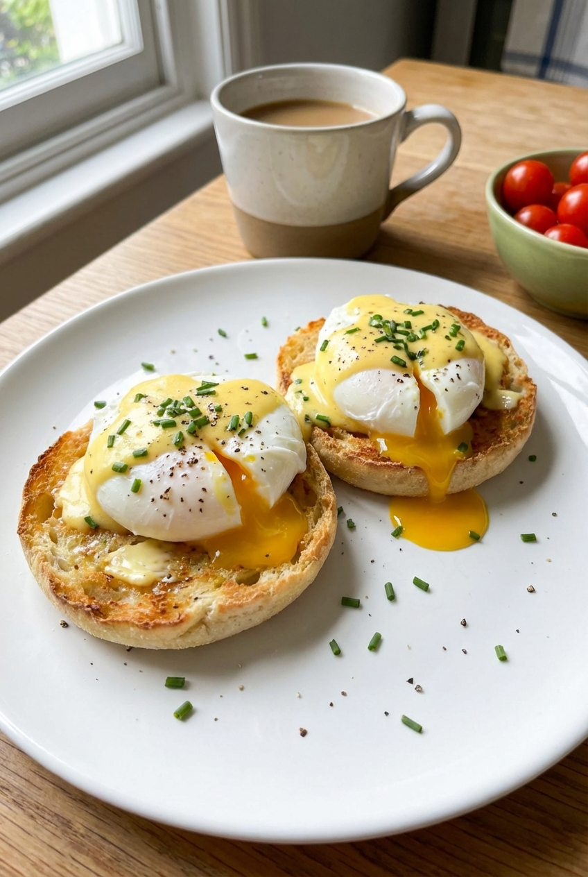Poached eggs on toasted English muffins