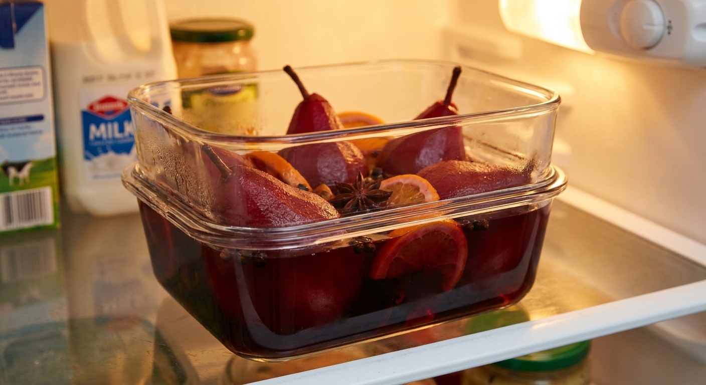 Poached pears in a glass storage container covered with red wine poaching liquid, sitting on a refrigerator shelf under warm interior light