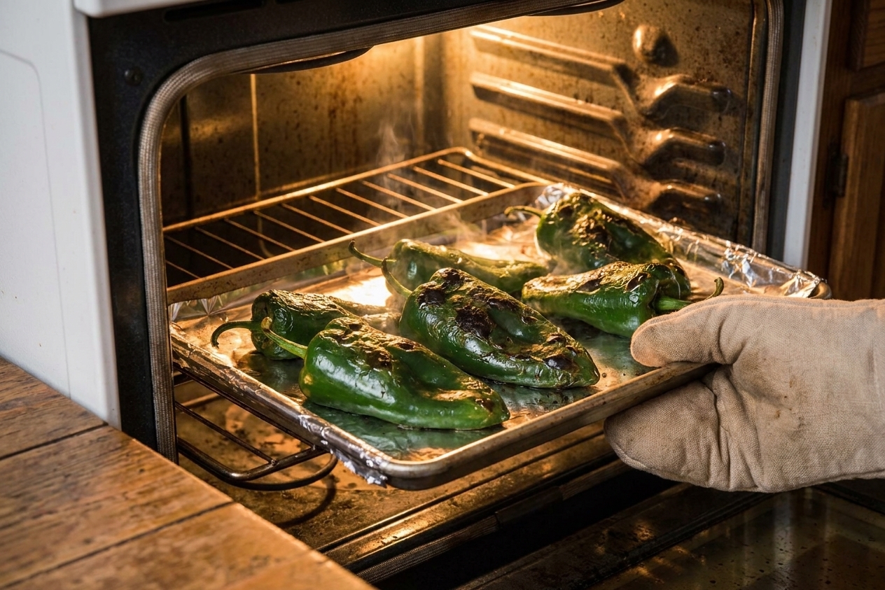Poblano peppers blistering on a foil-lined baking sheet in a home oven under warm light