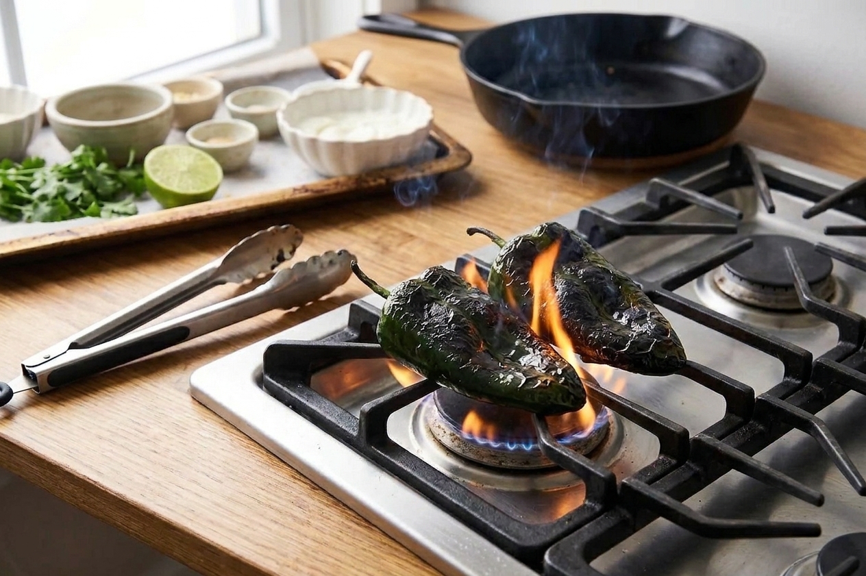 Poblano peppers charring over a gas burner on a home stove with tongs nearby