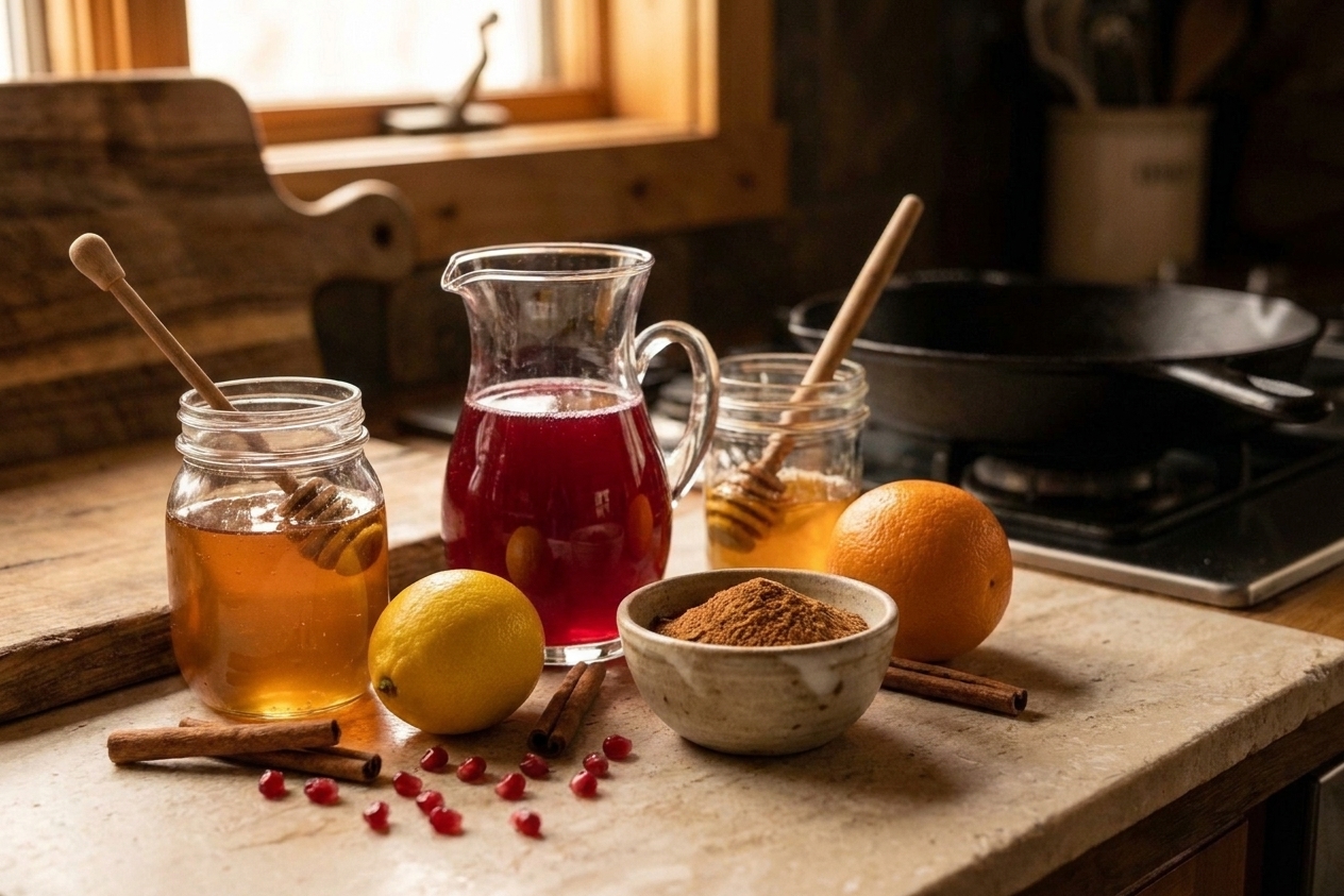 Pomegranate juice, an orange, a lemon, honey, and a small bowl of ground cinnamon arranged on a light stone kitchen counter in soft daylight