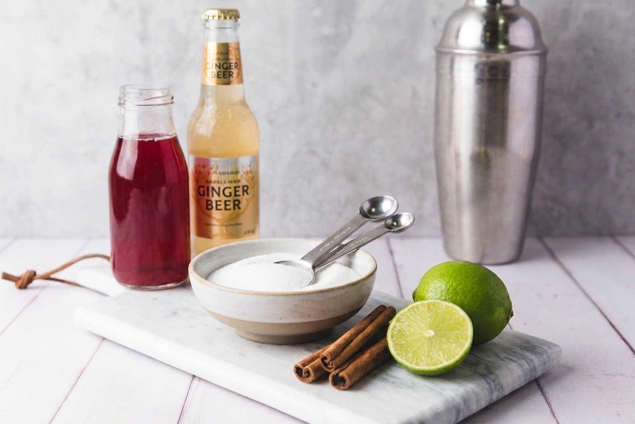 Pomegranate juice, ginger beer, fresh limes, cinnamon sticks, and granulated sugar arranged on a light kitchen counter with measuring spoons