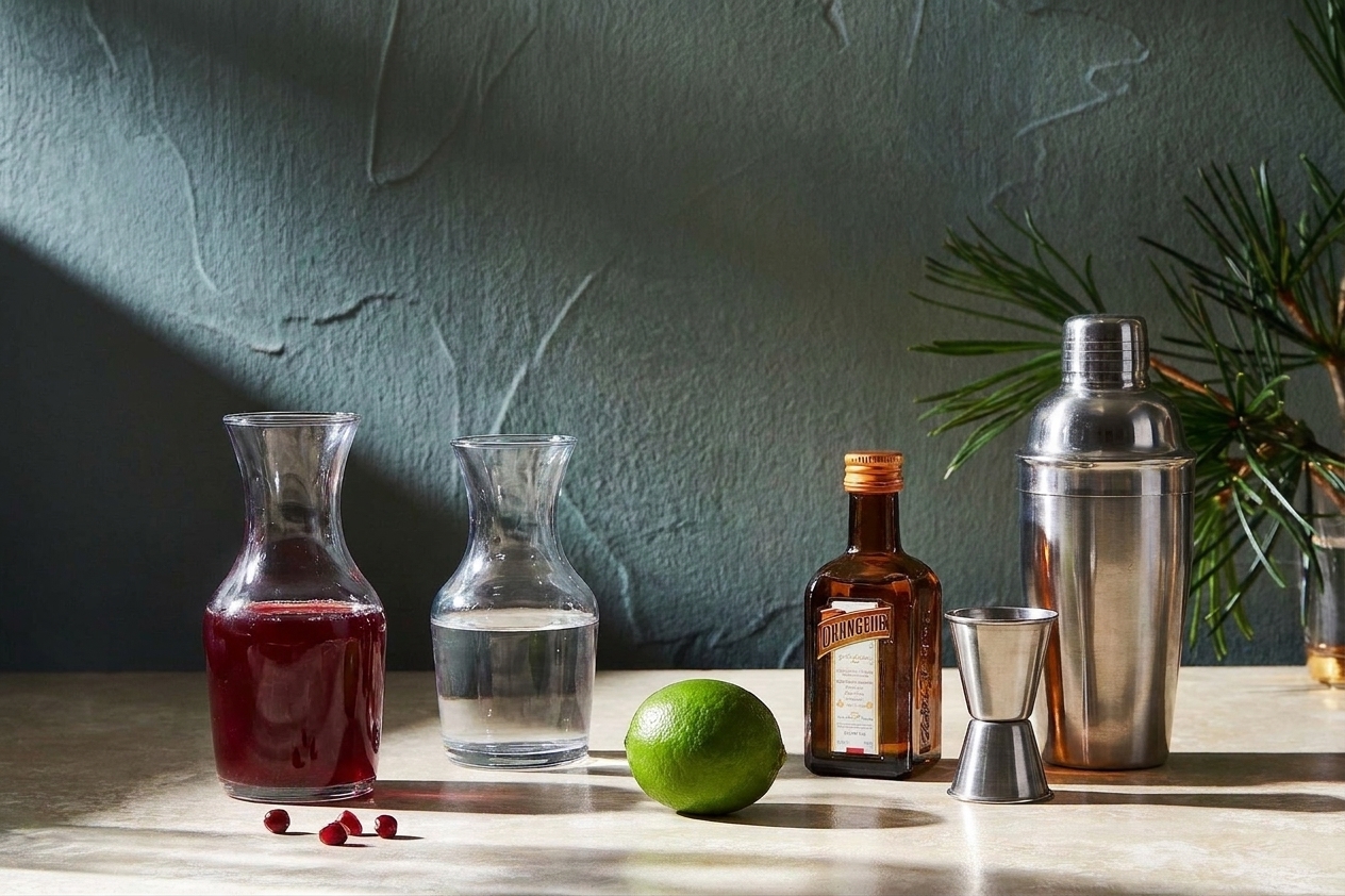 Pomegranate juice, vodka, a lime, and a small bottle of orange liqueur arranged on a bright kitchen counter with a jigger and cocktail shaker