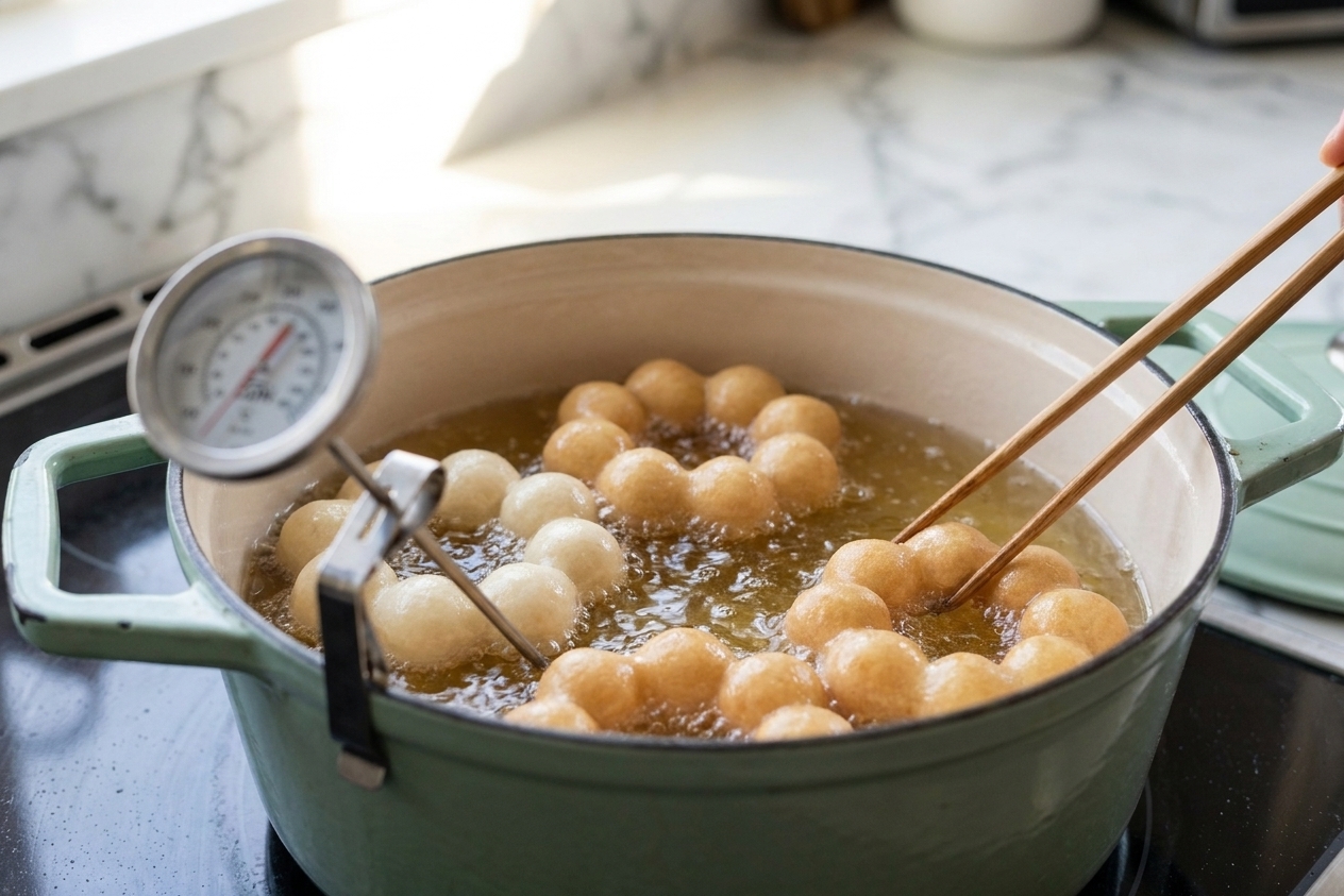Pon de ring mochi donuts frying in hot oil in a pot on the stovetop, turning light golden