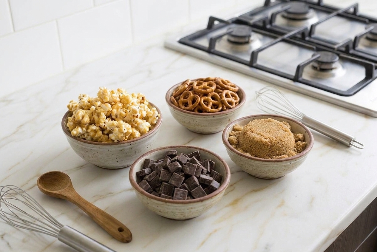 Popcorn, mini pretzels, chocolate chips, and brown sugar arranged in small bowls on a kitchen counter