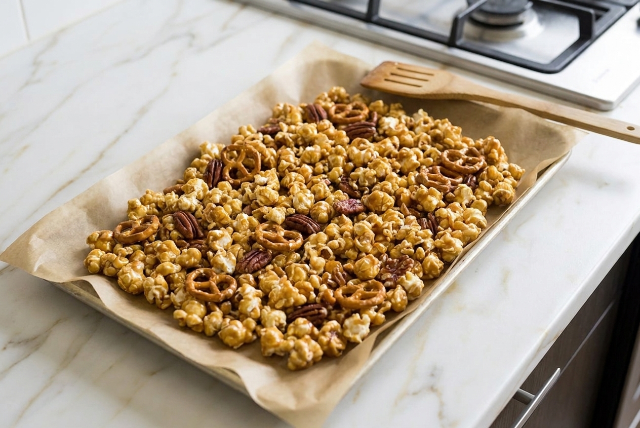 Popcorn mix spread in a single layer on a parchment-lined baking sheet on a kitchen counter
