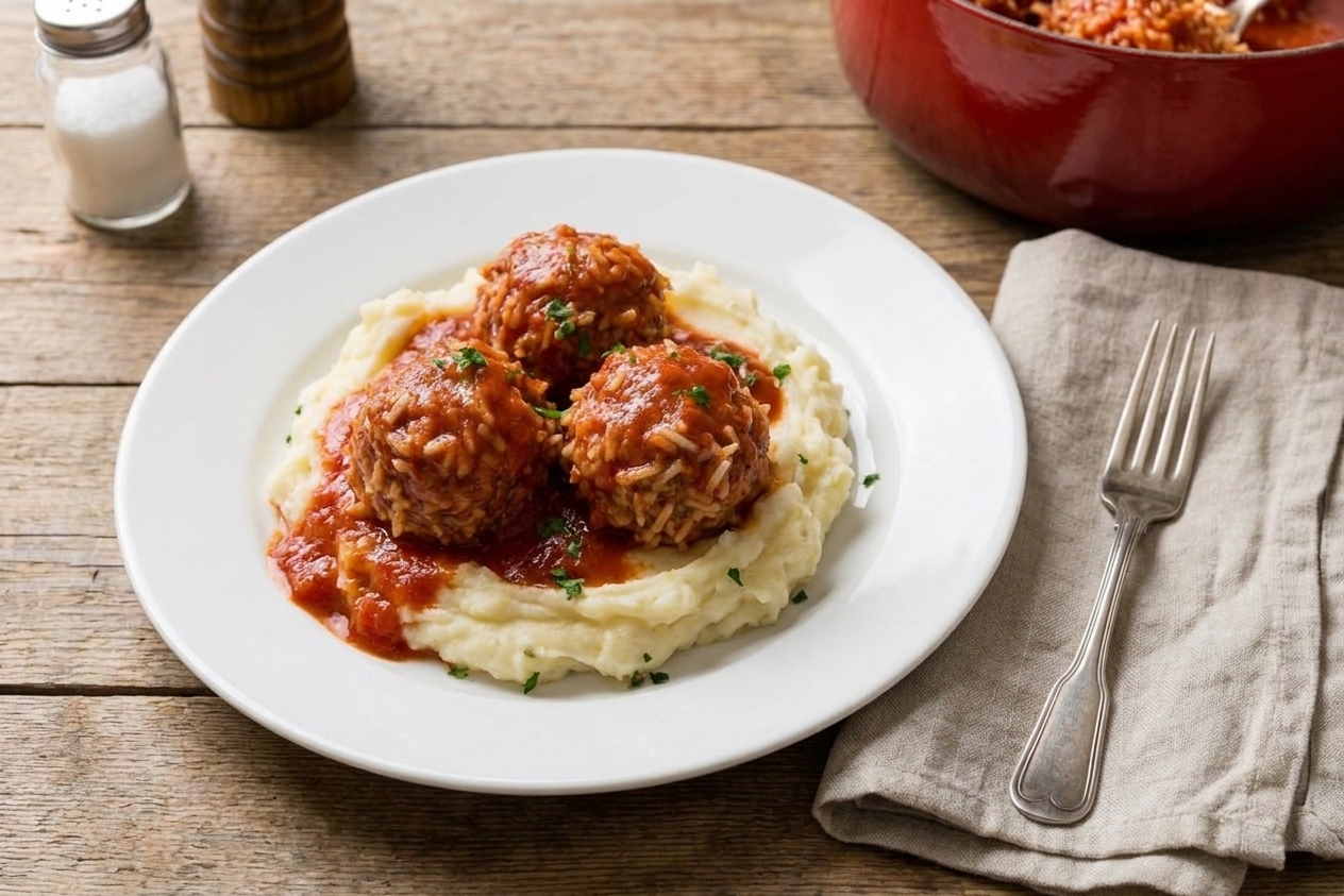 Porcupine meatballs in tomato sauce served over mashed potatoes on a dinner plate with a simple fork and linen napkin