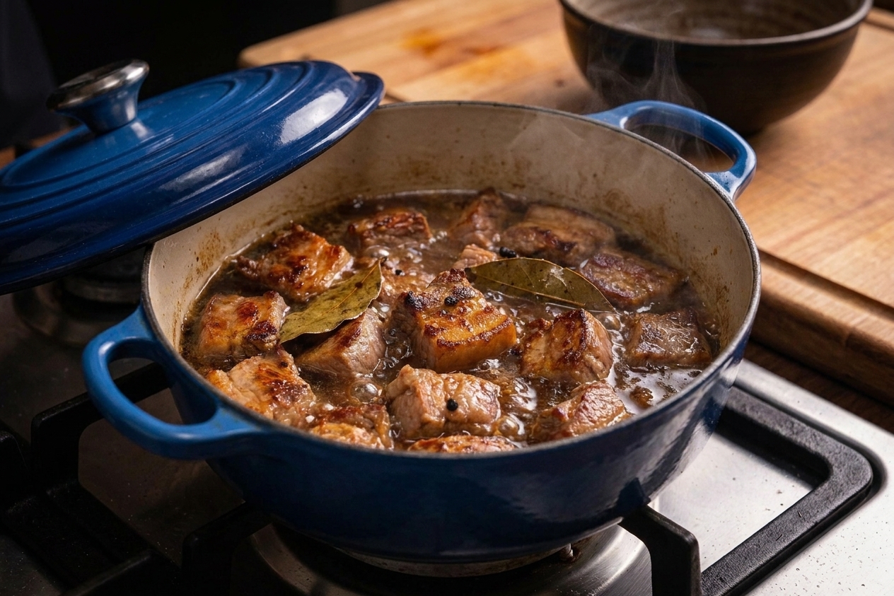 Pork adobo gently simmering in a covered Dutch oven on a stovetop, dark sauce bubbling lightly around bay leaves