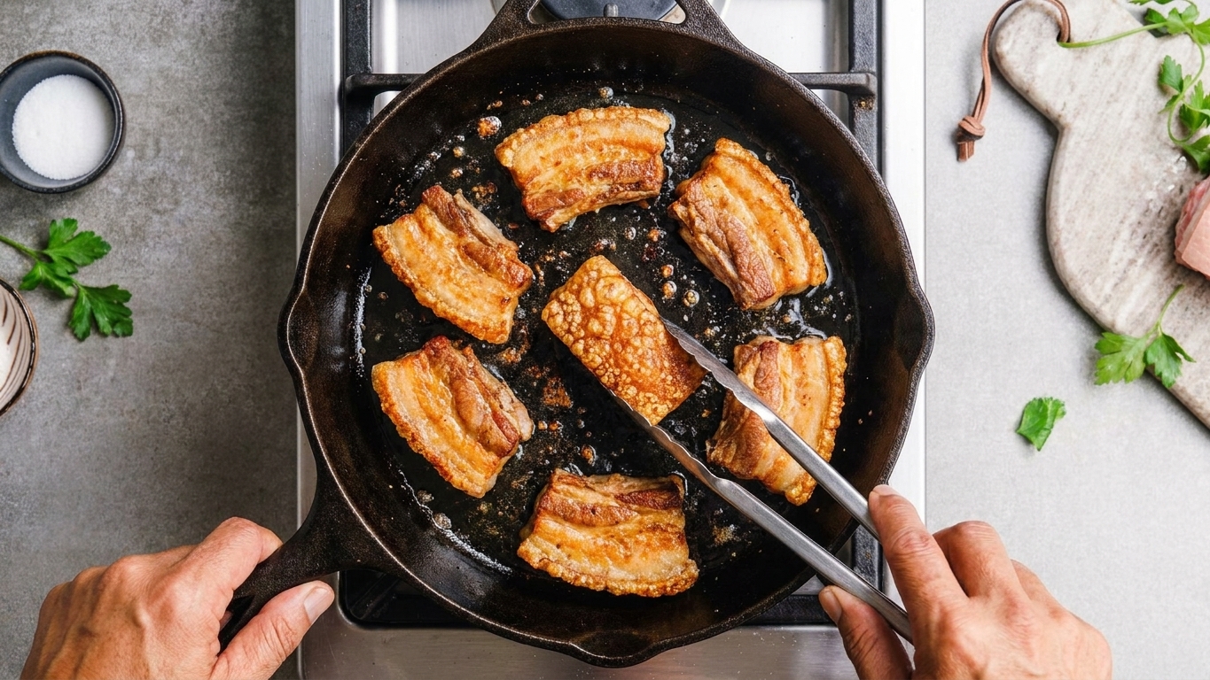 Pork belly chicharrones sizzling skin-side down in a cast iron skillet on a stovetop, edges turning extra crisp