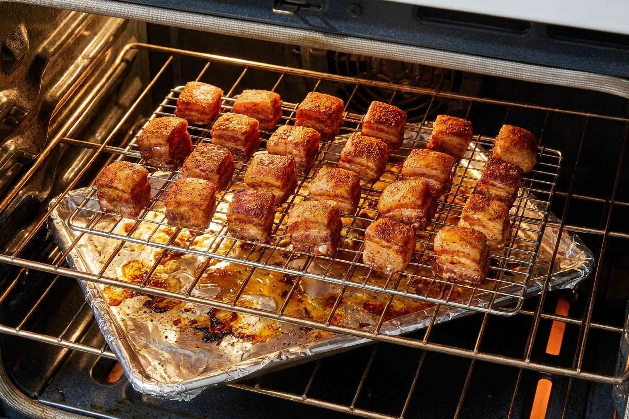 Pork belly cubes roasting on a wire rack over a sheet pan in an oven, edges beginning to brown
