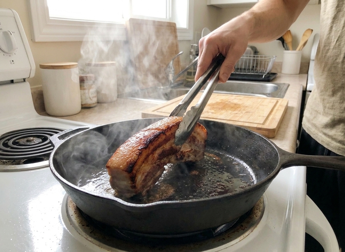 Pork belly searing in a skillet with browned edges, held with tongs over a stovetop