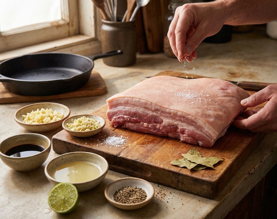 Pork belly slab on a cutting board with small bowls of chopped garlic, minced lemongrass, soy sauce, citrus juice, salt, pepper, and bay leaves arranged on a kitchen counter