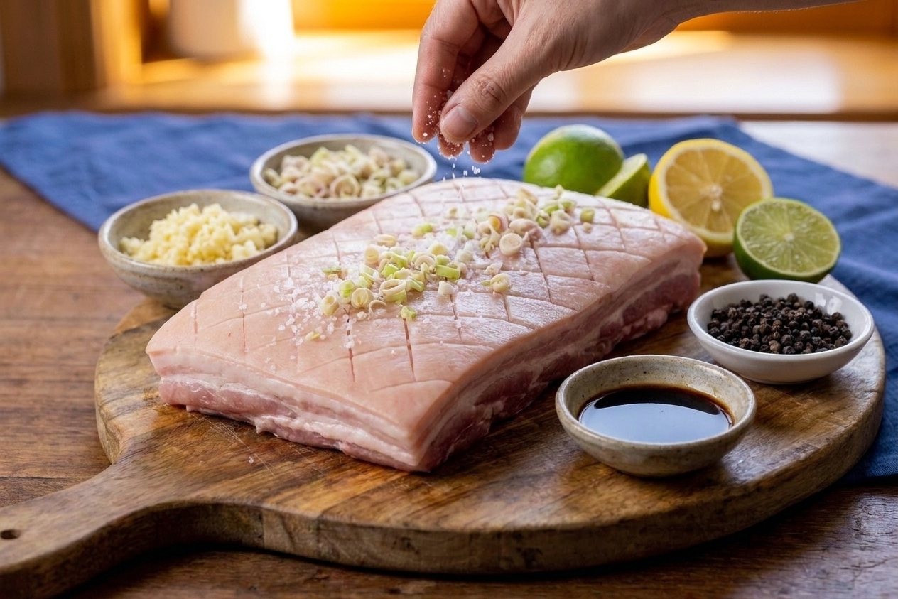 Pork belly slab with garlic, lemongrass, salt, pepper, soy sauce, and citrus laid out for seasoning