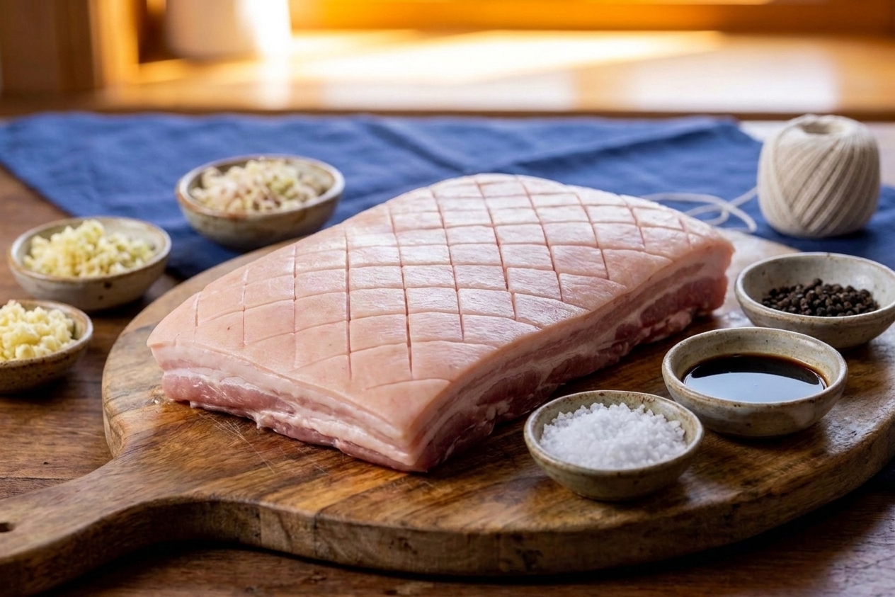 Pork belly with small bowls of minced garlic, chopped lemongrass, salt, pepper, and soy sauce on a kitchen counter
