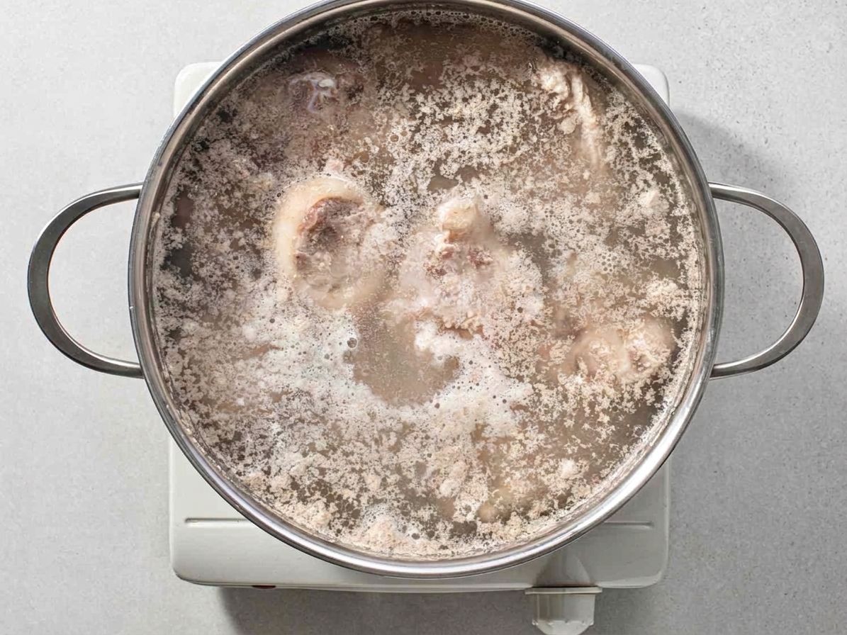Pork bones and chicken wings blanching in a pot of boiling water with foam rising to the surface