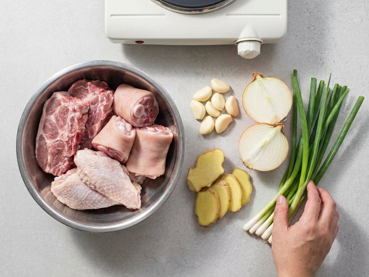 Pork bones, chicken backs, onions, ginger, garlic, and scallions laid out on a kitchen counter before cooking tonkotsu broth