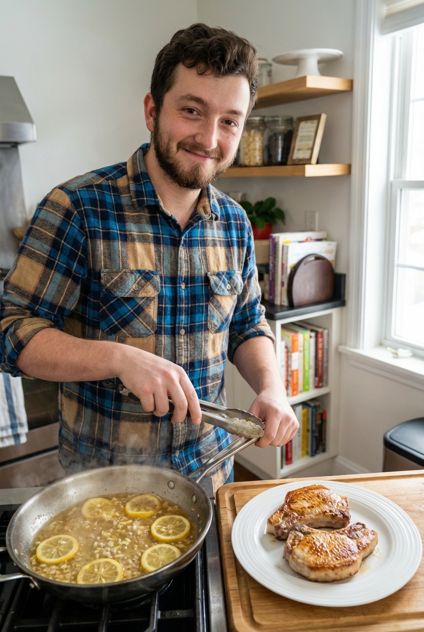 Pork chops resting on a plate while a lemon-garlic pan sauce simmers in the skillet