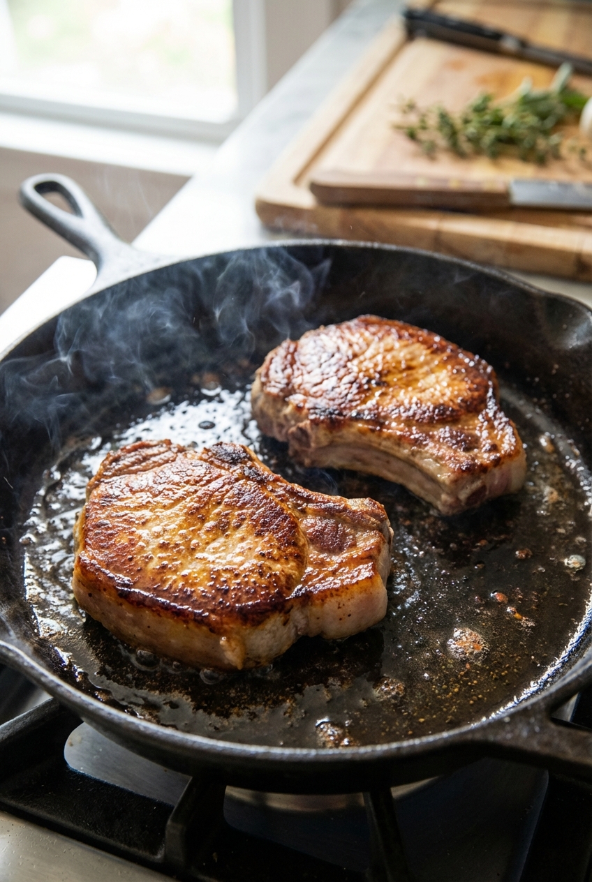 Pork chops searing in a cast iron skillet with browned crust forming