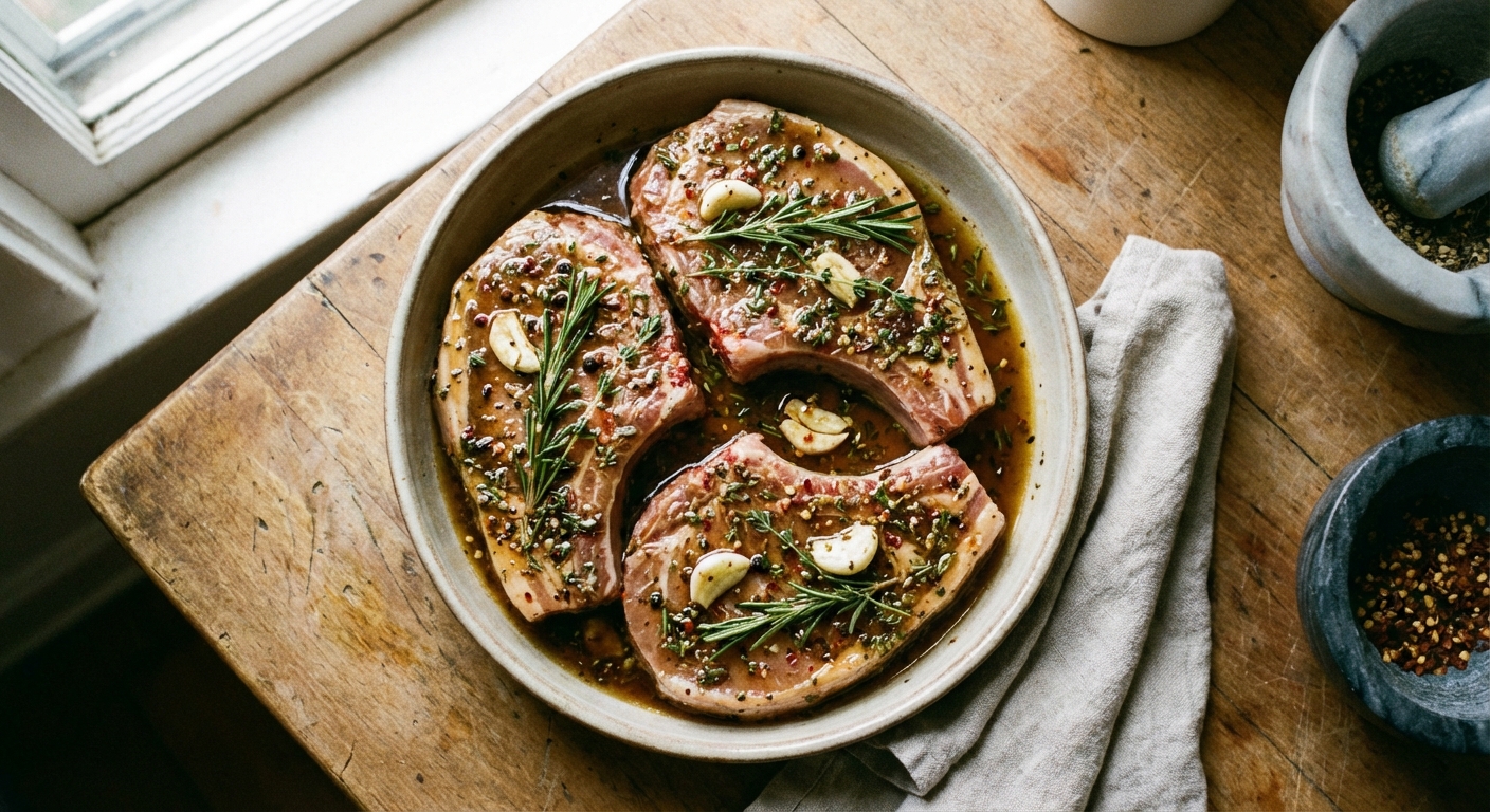 Pork chops sitting in a shallow dish coated in marinade with visible garlic and herbs